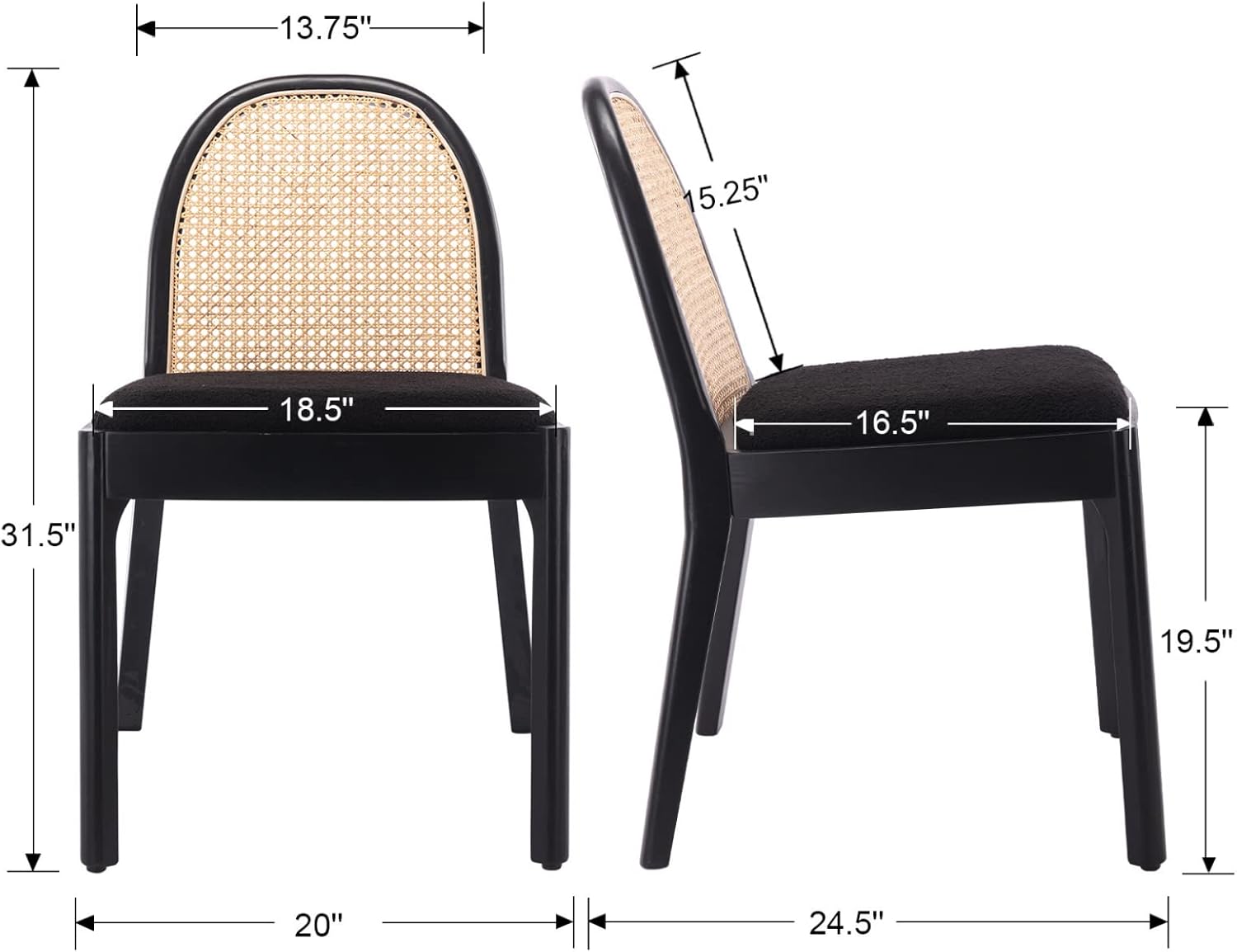 HEAH-YO Rattan Dining Chairs Set of 2, Upholstered Sherpa Dining Room Chairs with Backrests, Modern Kitchen Chairs with Wood Legs for Dining Room, Black