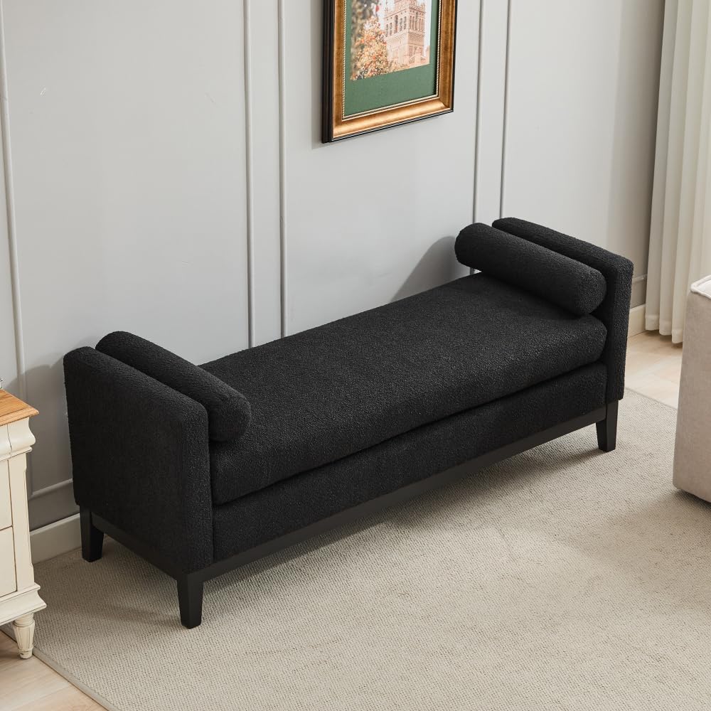 66.34" W Elegant Upholstered Bench,Daybed, Ottoman with Wood Legs & 2 Bolster Pillows for End of Bed, Bedroom, Living Room, Entryway,Black Boucle