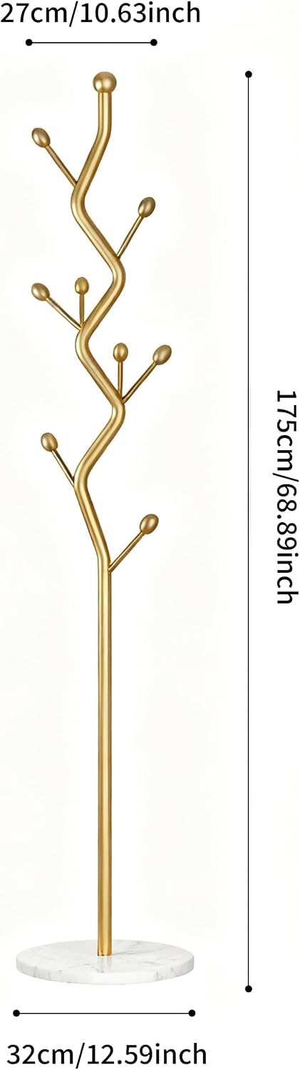 68.9 Inch Tall Modern Coat Rack,Gold Freestanding Coat Rack Tree,Heavy-Duty Metal Coat Rack Freestanding with Sturdy Marble Base for Entryway,Hallway,Bedroom,Holds Coats Hats Bags Scarves