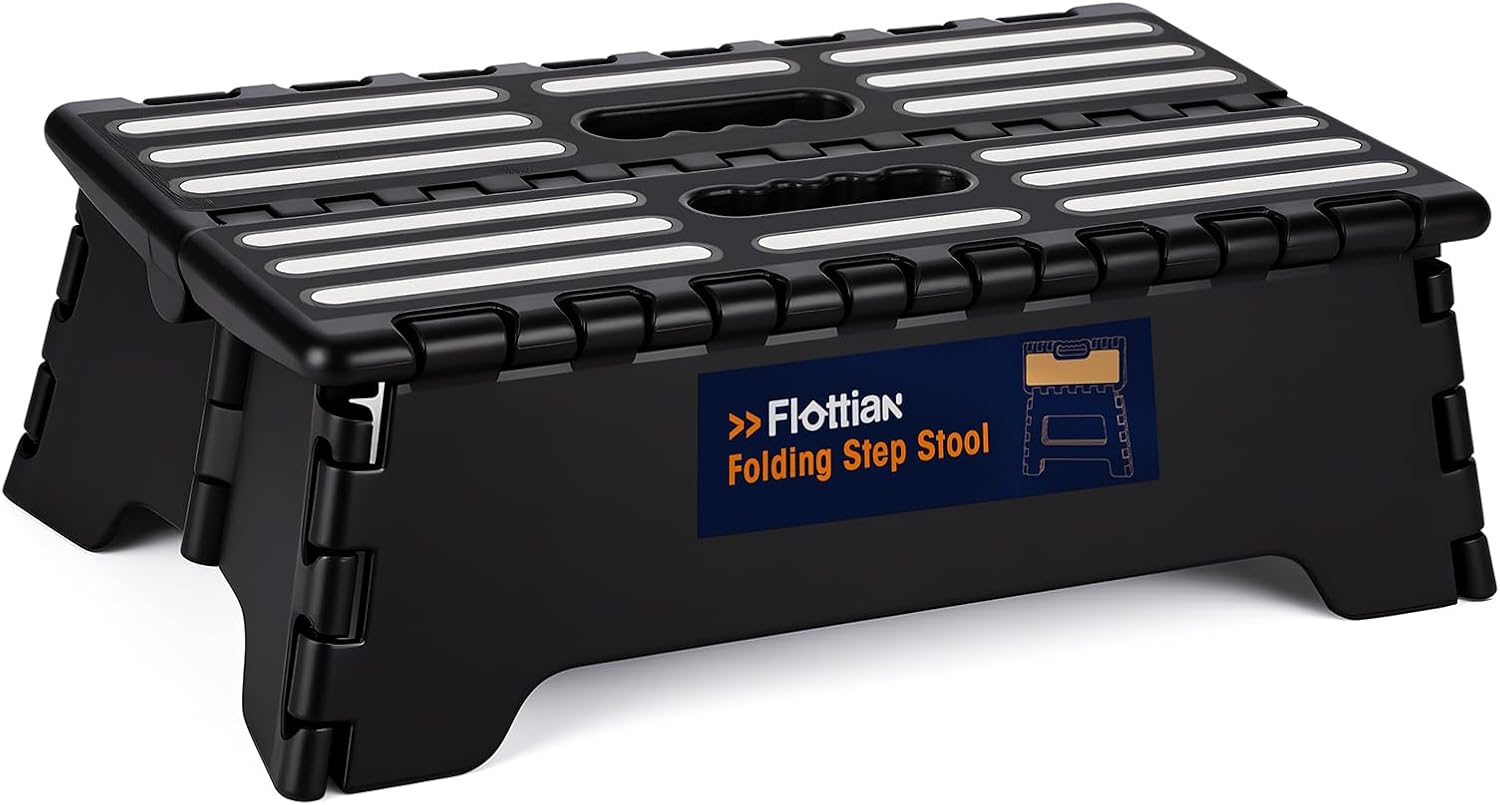 Flottian 5" Folding Step Stool for Adults and Kids 15-Inch Extra Wide Stool Holds Up to 300 lbs,Non-Slip Folding Stools with Handle,Compact Plastic Foldable Step Stool for Bathroom,Kitchen,ect Black