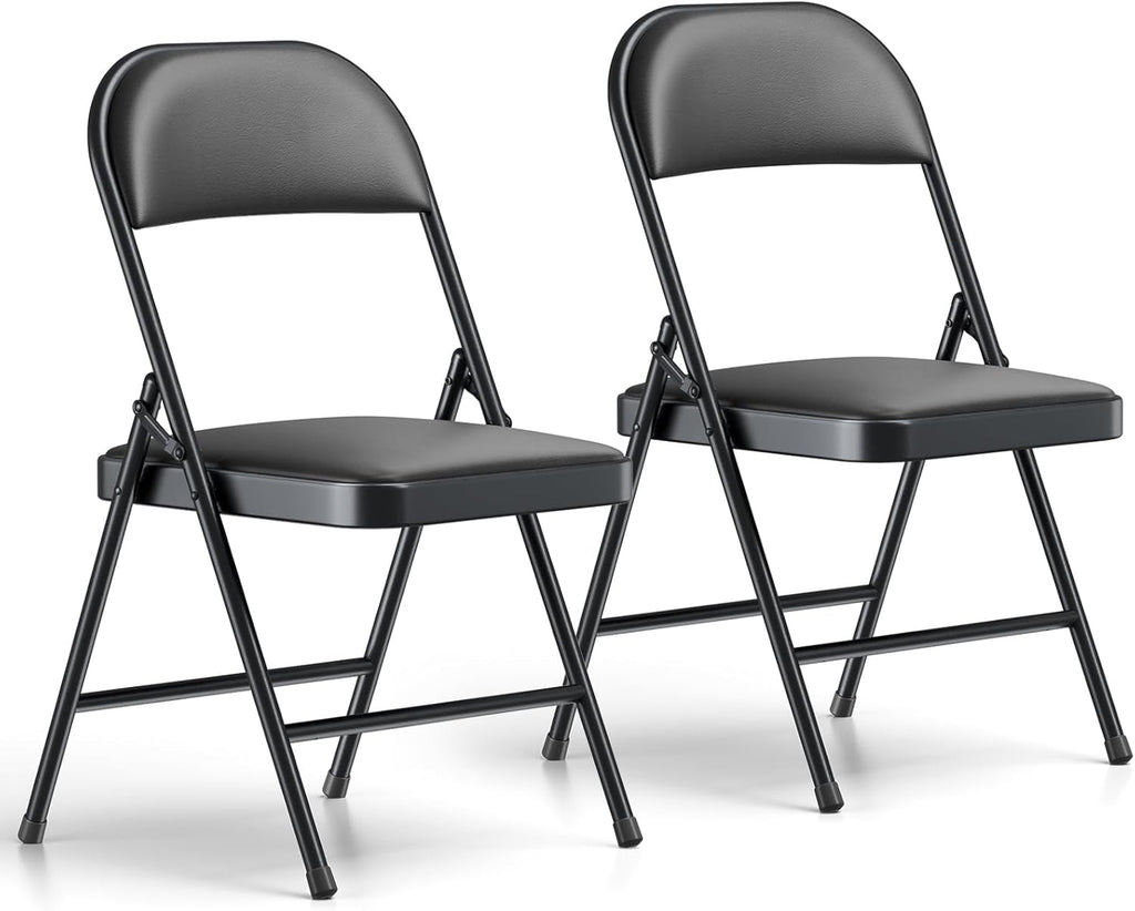 Folding Chairs 2 Pack, PU Leather Padded Folding Chairs for Outside and Indoor, Heavy Duty Portable Foldable Metal Commercial Seat for Home Office, Dorm, Party, Backyard, Lawn, Patio, Black