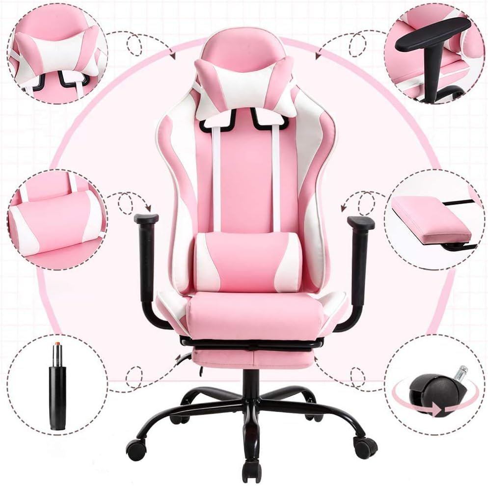 Pink Gaming Chair Office Chair Desk Chair for Girls, High Back Ergonomic PC Racing Chair w/Lumbar Support & Retractable Footrest PU Leather Recliner Swivel Cute Computer Game Chair for Women