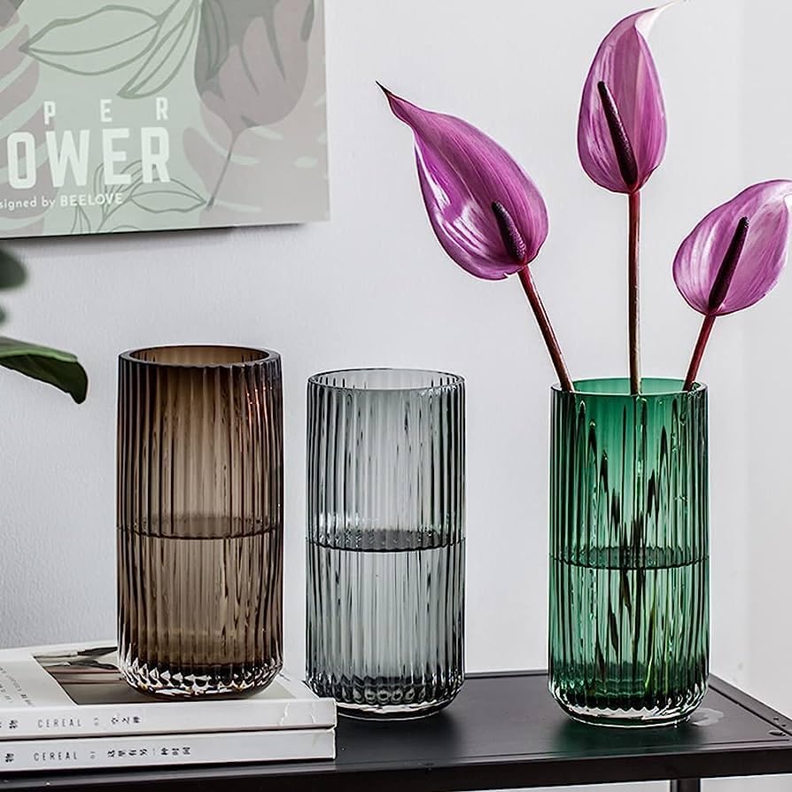 DECORPIA 8 Inch Premium Thickened Green Glass Vase - Ribbed Glass Flower Vase for Rustic Home Decor, Decorative Vases for Flowers for Modern Farmhouse, Ideal for Shelf, Mantle, Table Entryway Décor