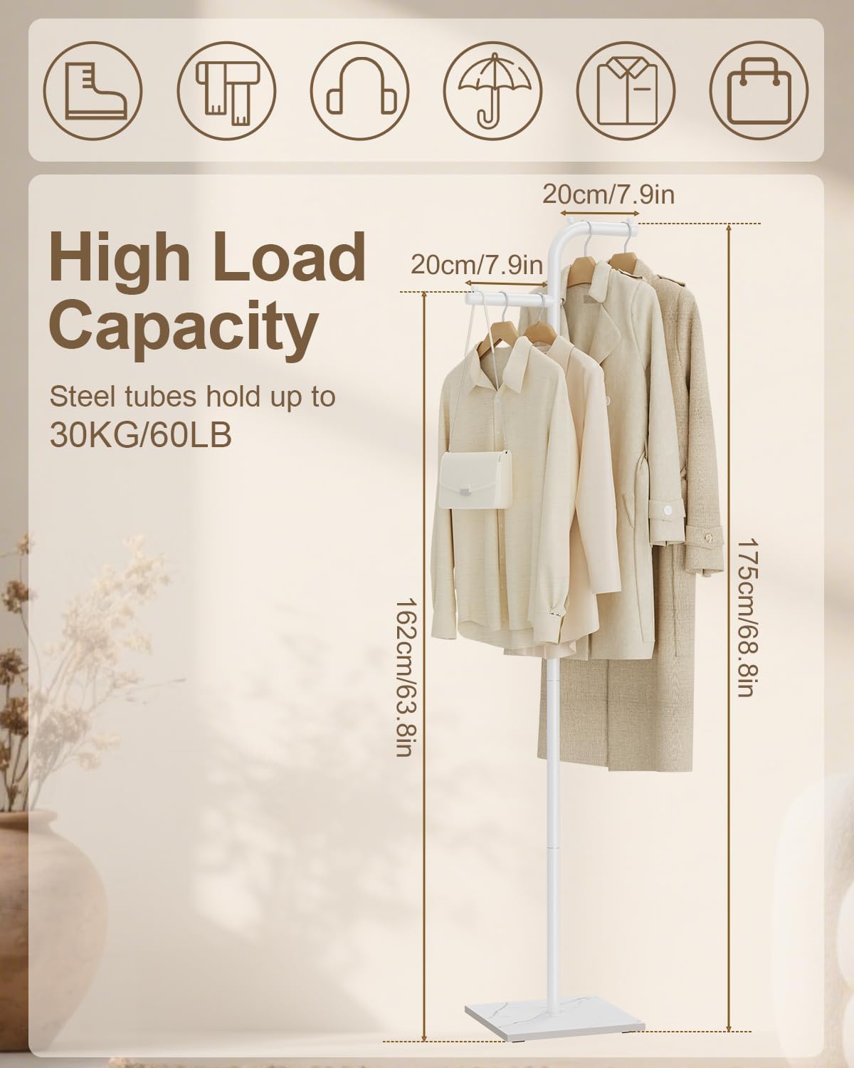 Garment Rack Freestanding, Metal Coat Rack, White, 68.9 In High | Modern Clothes Rack with Rock Slab Base, Heavy-duty Metal Clothing Stand for Boutiques, Hallway, Entryway, Living Room