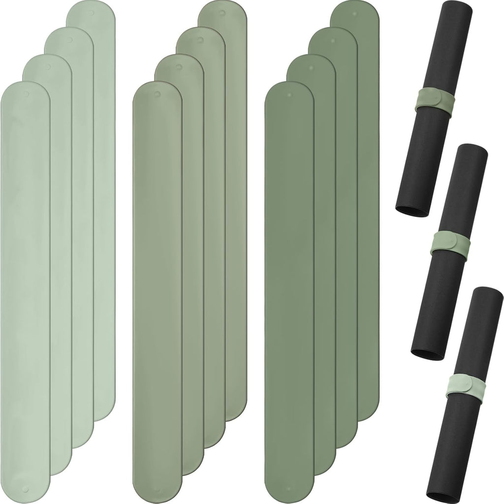Charniol 12 Pieces Wrapping Paper Roll Holder Holiday Flip Wraps Silicone Covered Metal Strips Flip 1 x 9 Inch Stabilizer Slap Band for Poster Gift Paper Vinyl Storage Organize (Green)