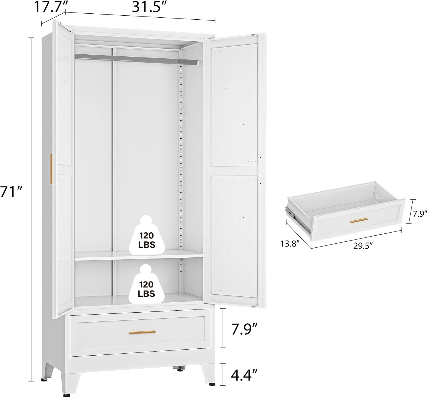 Metal Armoire Wardrobe Closet, Bedroom Armoires with Drawers | 71'' Metal Wardrobe Cabinet with 2 Doors and 2 Adjustable Shelves,Laundry Room Cabinets,Large Wardrobe Closet