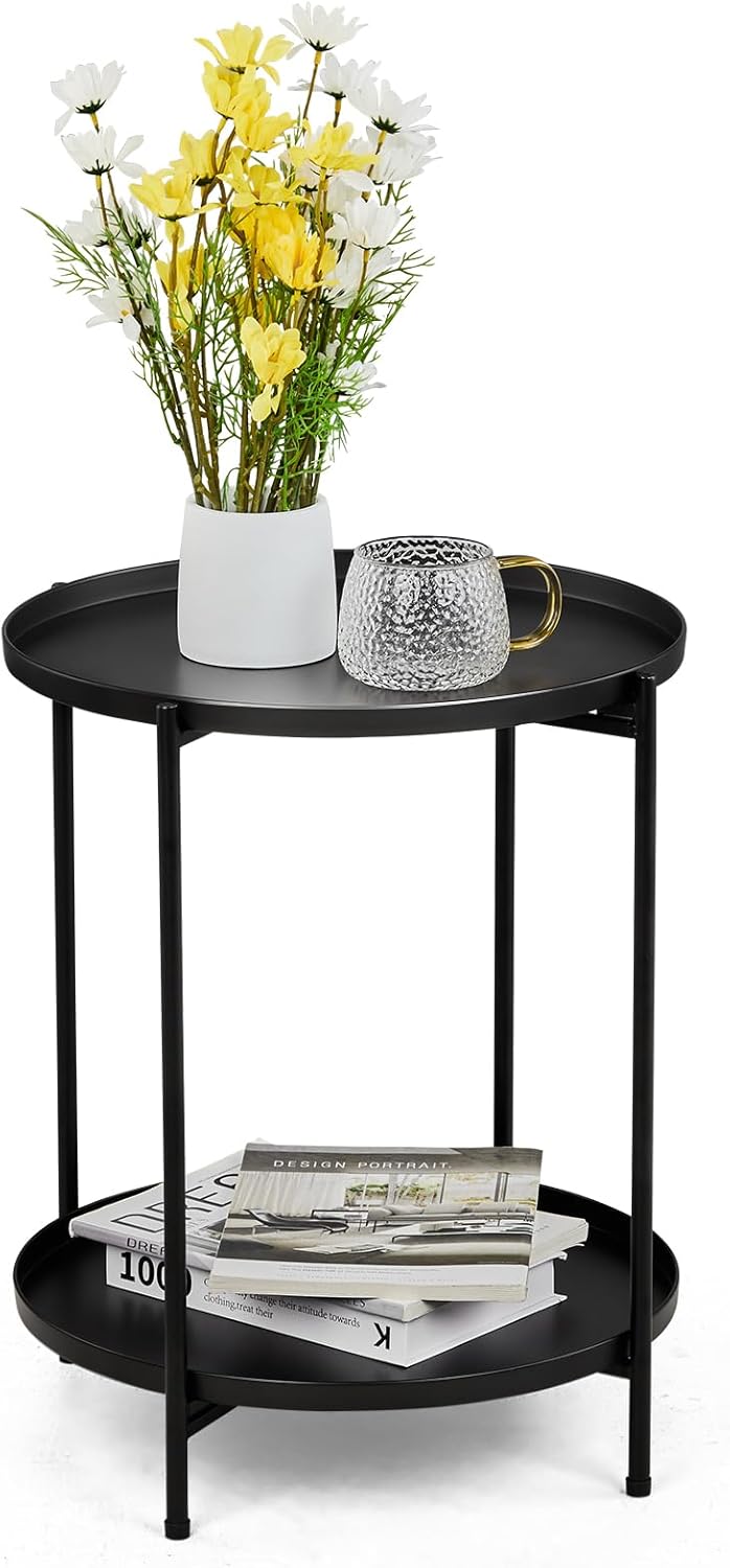 2 Tier End Table Metal Side Table Waterproof Small Sofa Coffee Side Tables Bedroom Indoor Outdoor for Living Room Bedroom Balcony and Office