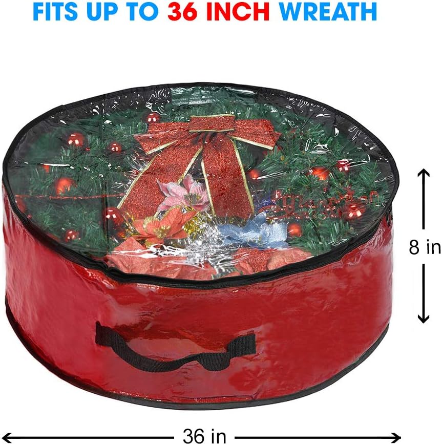 Propik Christmas Wreath Storage Bag 36" - Garland Holiday Container with Clear Window - Tear Resistant Fabric - 36" X 36" X 8" (Red)