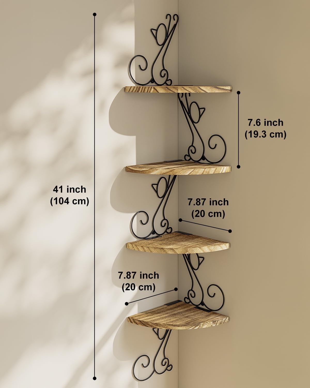Alsonerbay Wall Mount Corner Shelves 4 Tier Floating Corner Storage Wood Shelves Decorative Rustic Radial Shelf in Cat Shape Carbonized Black