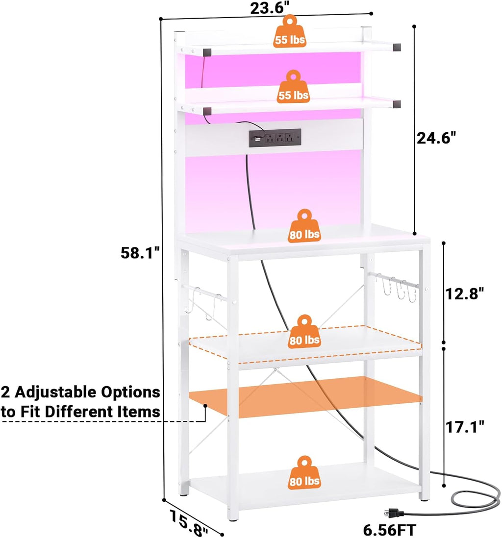 Aheaplus Bakers Rack with Power Outlet, Microwave Stand, 5 Tiers Coffee Bar Station with Led Lights, Kitchen Storage Shelf with 6 S-shaped Hooks, Kitchen Rack for Spices, Pots and Pans, White