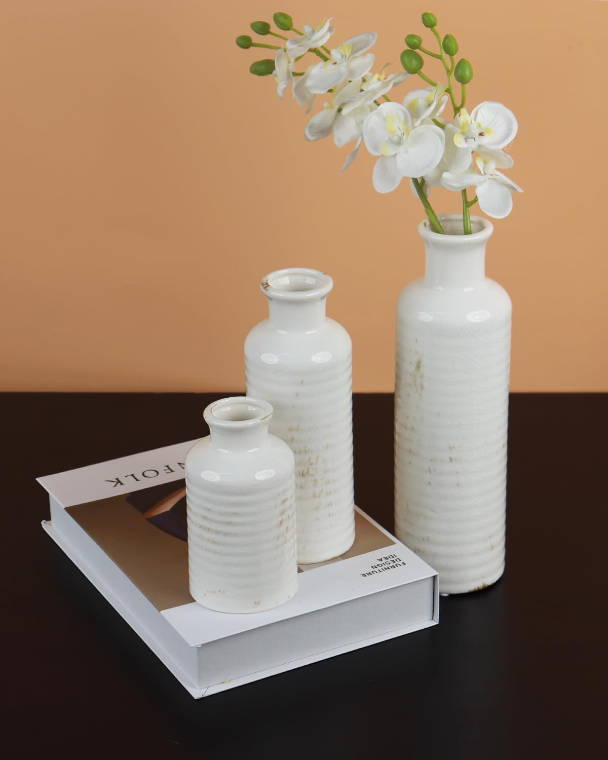 White Ceramic Vase Set of 3 – Ribbed Texture Crackle Glaze Bottle Vases for Rustic Farmhouse Table Centerpiece, Shelf & Mantel Decor