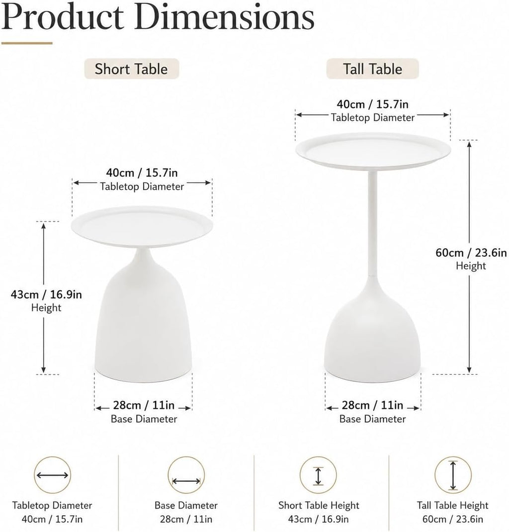 Side Tables Set of 2, 15.7'' Metal Round End Tables with Round Base, Small Accent Tables for Living Room Bedroom Sofa, Minimalist Side Table Set with Tall and Short (White)