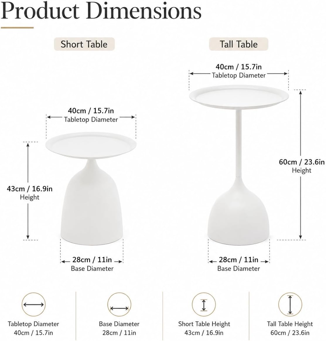 Side Tables Set of 2, 15.7'' Metal Round End Tables with Round Base, Small Accent Tables for Living Room Bedroom Sofa, Minimalist Side Table Set with Tall and Short (White)
