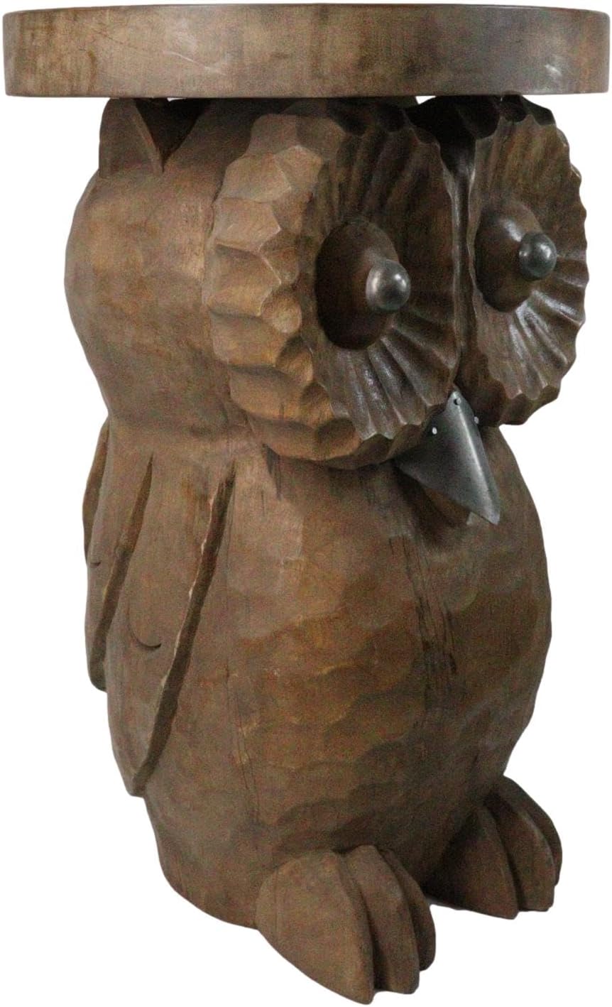 Ebros Gift Hand Carved Whimsical Wise Owl Round Top Sculptural Side Table Made of Mango Wood 18" Tall Home Office Decor Furniture