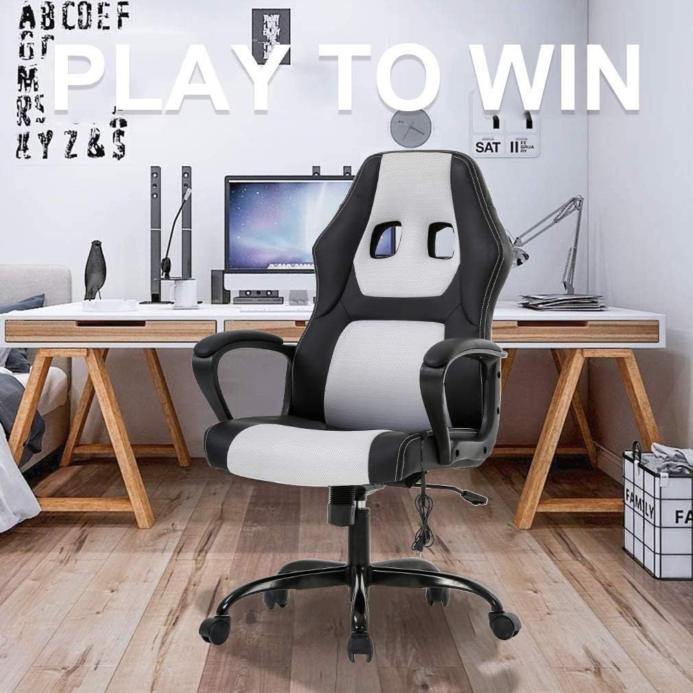 Office Chair Gaming Chair Desk Chair Ergonomic High Back Massage Computer Chair with Lumbar Support & Comfort Armrest PU Leather Rolling Task Racing PC Swivel Executive Chair for Men Women, White