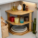 AKAZA 3-Tier Corner Shelf Counter and Cabinet Organizer - Steel Metal Wire - Rust Resistant (Bamboo)