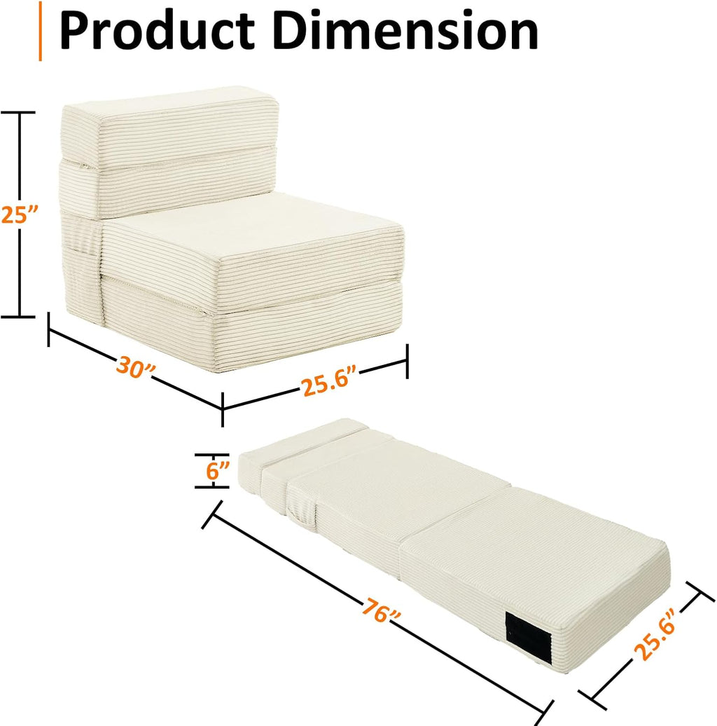 JKMAX Single Size Folding Sofa Bed - 4 in 1 Convertible Sleeper Chair - High Density Memory Foam Futon Couch - Foldable Bed for Living Room Bedroom (Beige)