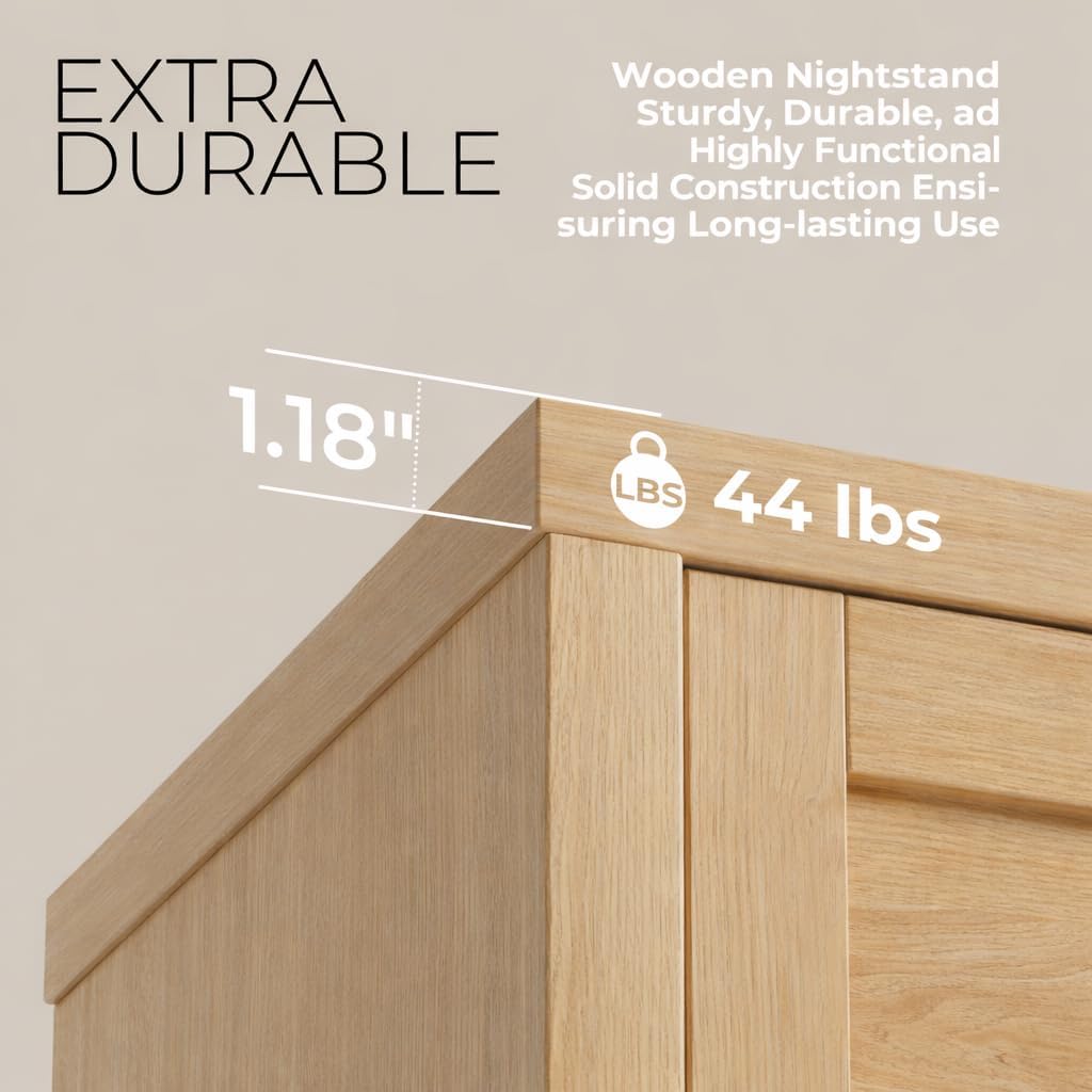Walsham Natural Nightstands, Light Weathered Oak, 2 Set | Boho Bed Side Table, Minimalist Night Stand, Drawer and Storage Shelf, Farmhouse End Tables
