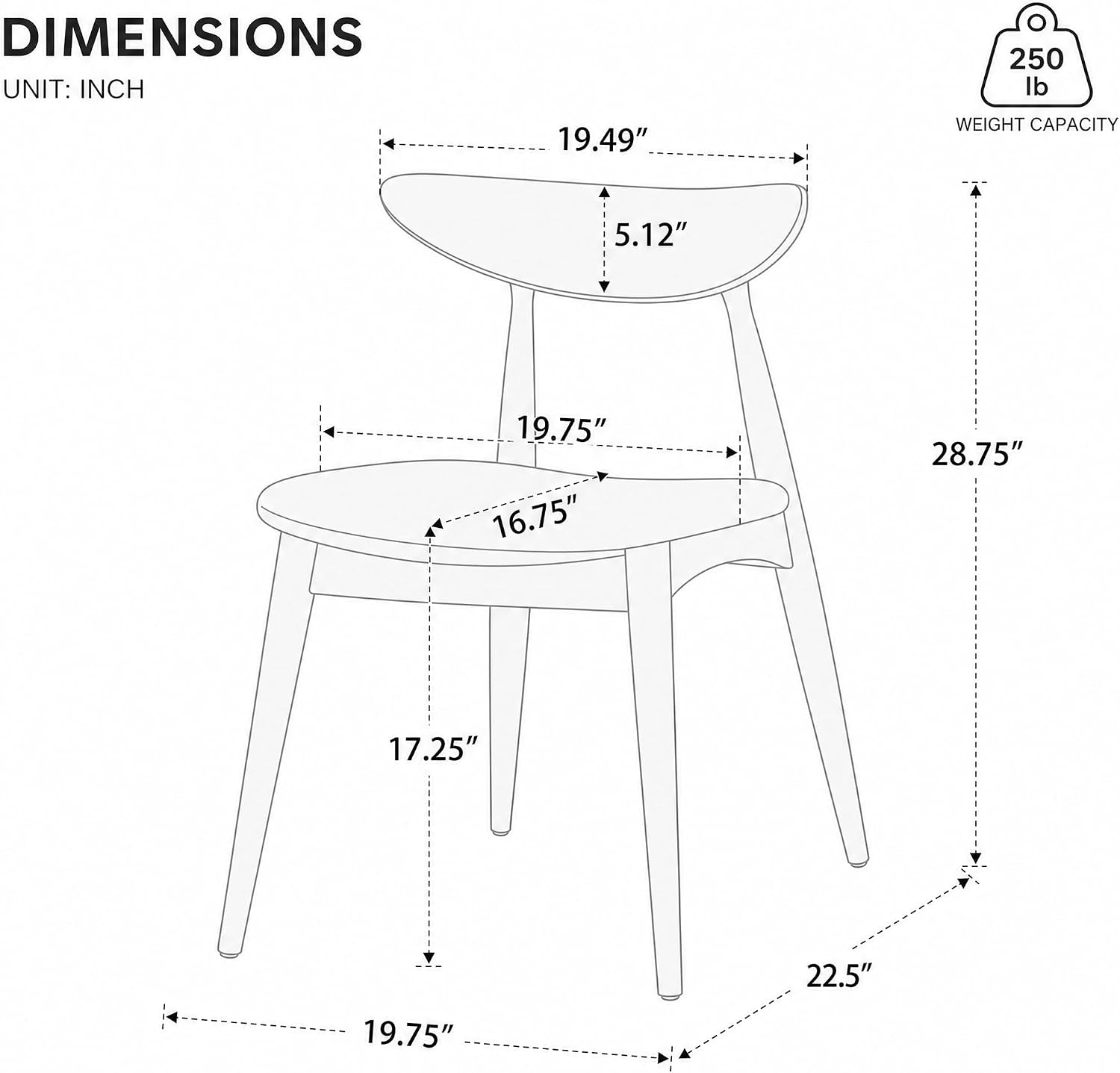 Solid Rubberwood Dining Chairs Set of 4, Mid-Century Modern Chair with Ergonomic Curved Backrest, Walnut Frame and Black Polyurethane Foam Padded Seat