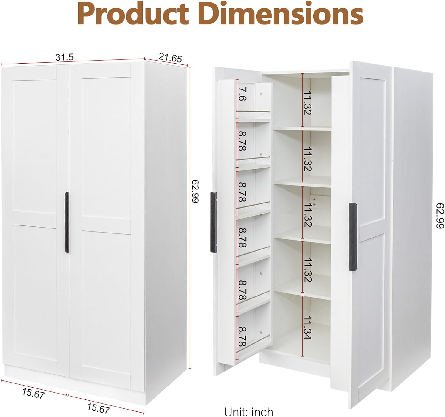 63” Tall Kitchen Pantry Cabinet, Pantry Storage Cabinet with Doors & Shelves, Freestanding Storage Cupboard for Dining Room Living Room, Wooden Structure, Easy Assembly (White)