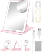Gospire Travel Makeup Mirror with Lights and Magnification 10X, Portable Make Up Compact Tabletop Mirror with Adjustable Stand, 3 Colored Lights Rechargeable Lighted LED Vanity Mirror - Pink