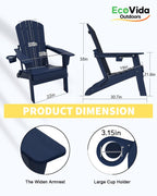 Folding Adirondack Chair Set 3-Piece - 38" Extra Tall Back & Embossed Wood Grain, Oversized HDPE Patio Furniture with Side Table & Cup Holders, 380lb Heavy Duty, Navy Blue