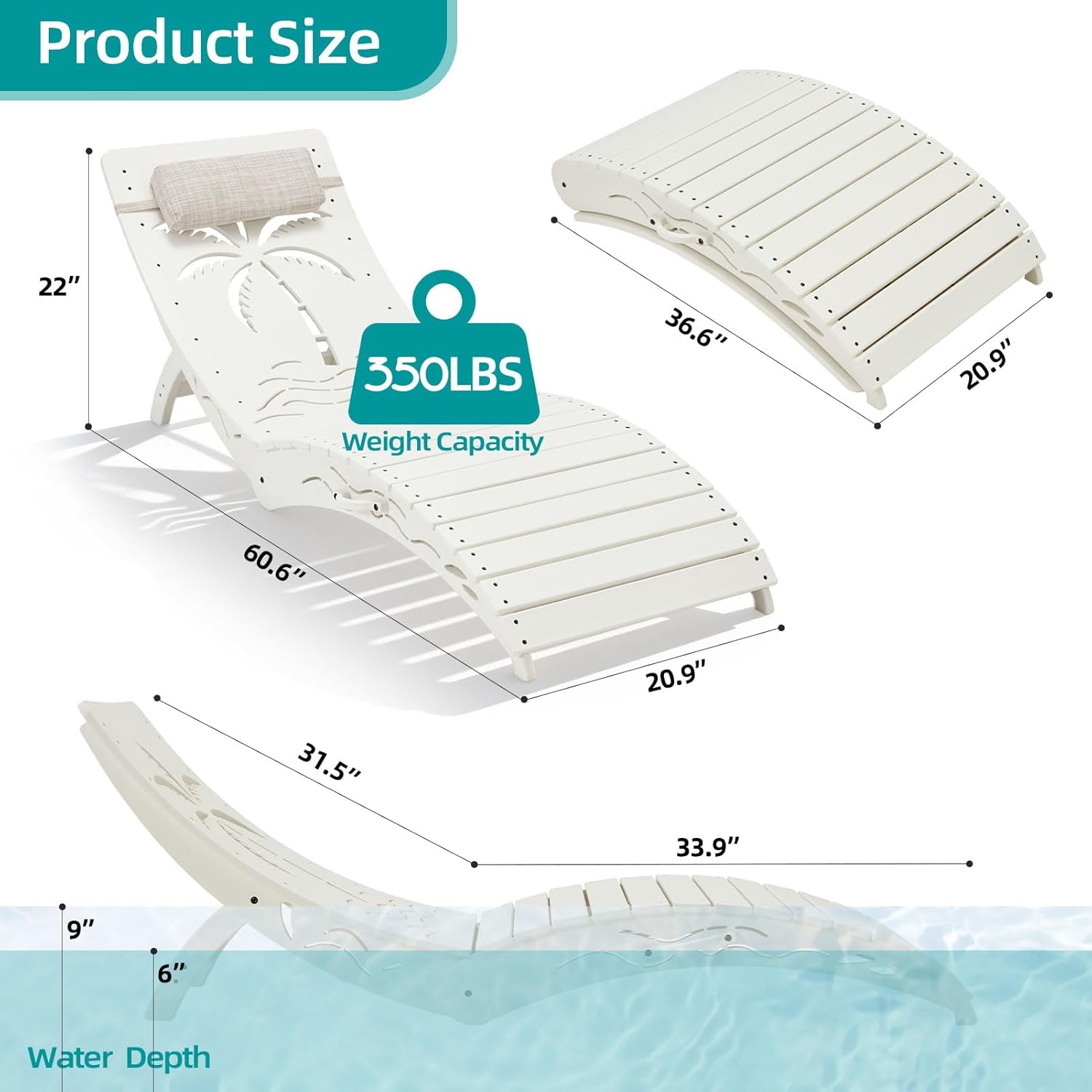 Folding in Pool Lounge Chair Set of 2, HDPE Fade Resistant Patio Chaise Sun Tanning Lounge Chairs, Ledge Lounger for Easy Carry, Palm Pattern for Beach Backyard Poolside Deck Wading Area White