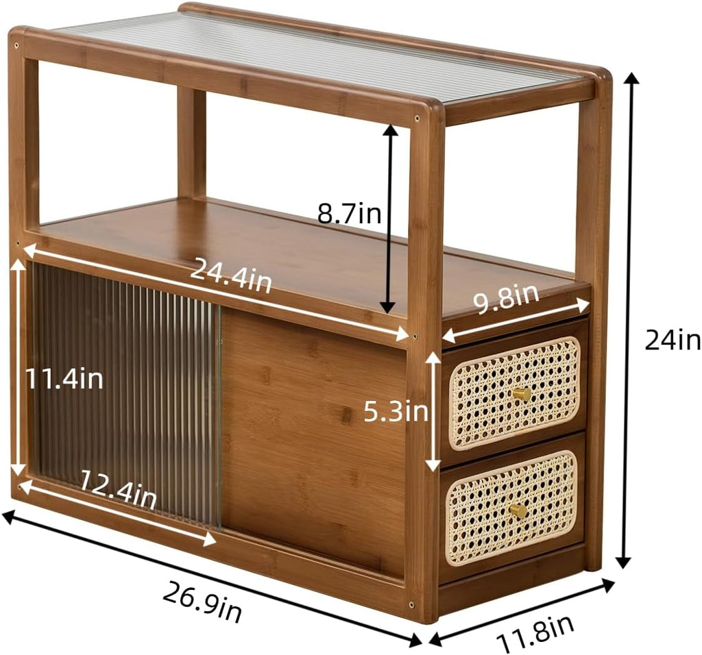 latifolia Bamboo Side Table with Rattan Drawer and Glass Top, Mid-Century Modern Nightstand with Storage, Space-Saving End Table for Bedroom, Living Room, Walnut