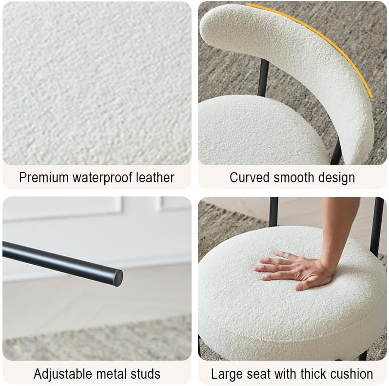 Dining Chairs Set of 2, Boucle Upholstered Modern Mid Century Round Kitchen Chairs with Curved Backrest & Metal Legs for Vanity, Living Room (White-1)
