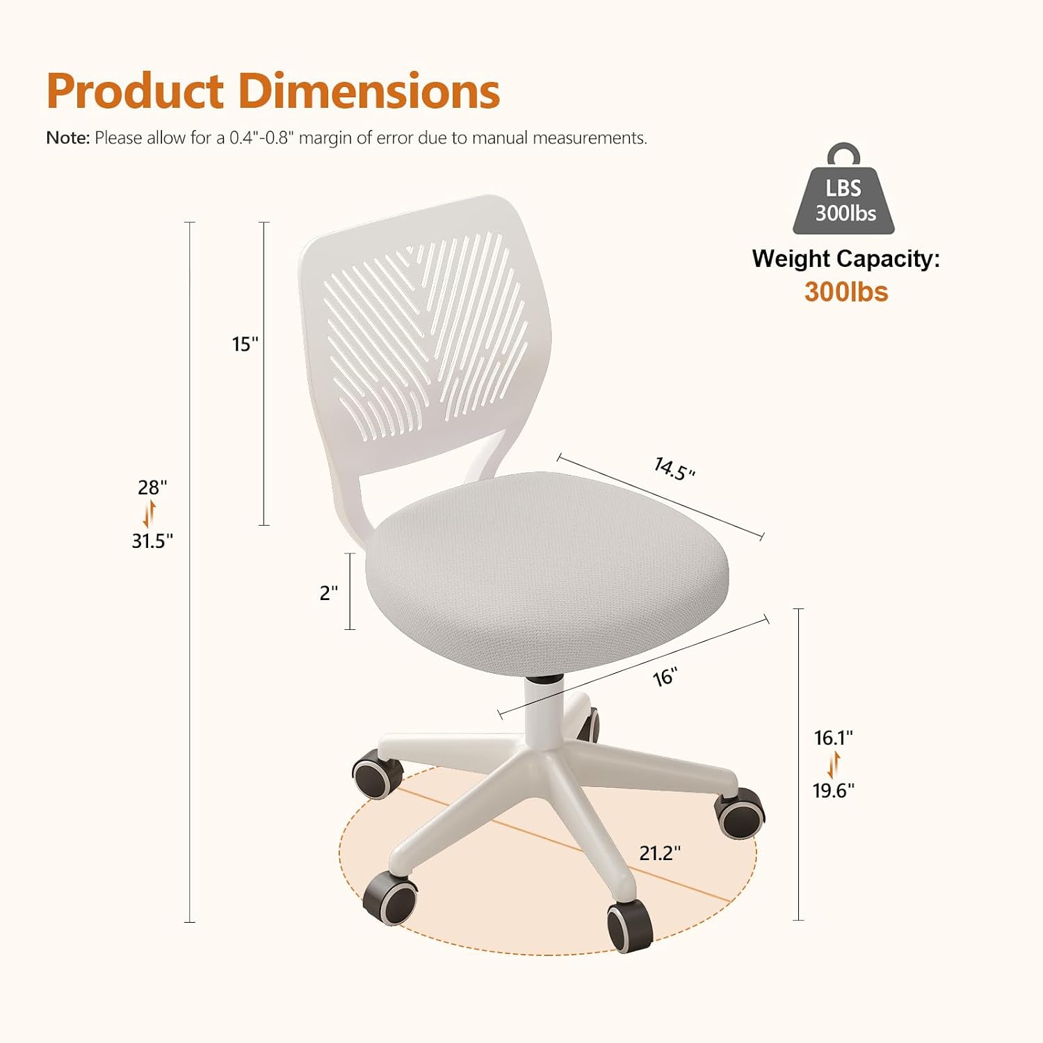 Small Desk Chair Armless Task Chair with Soft Padded Cushion Height Adjustable Swivel Rolling Comfortable Study Computer Chair, White