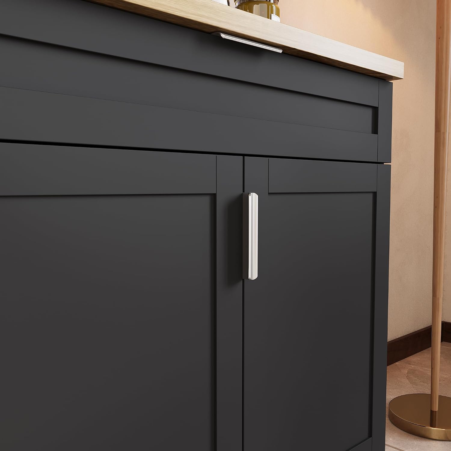 WOODTIME Wall Mounted Cabinet and Pantry with Countertop, Wooden Modern 2 Piece Kitchen Storage Cabinet with Drawers & Shelves for Dining Room Living Room, Black