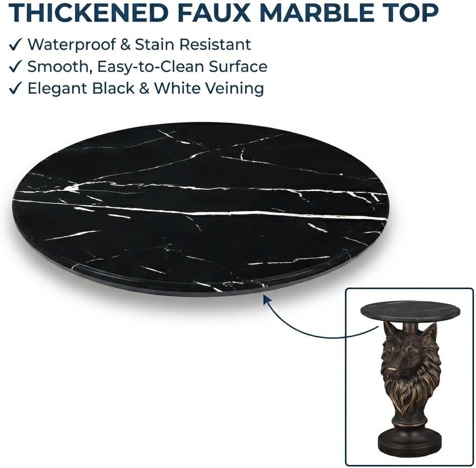 Virubi Wolf Head Accent Table Animal Statue End Table, Faux Marble Top Resin Pedestal Table, Luxury Statement Furniture for Living Room Hallway