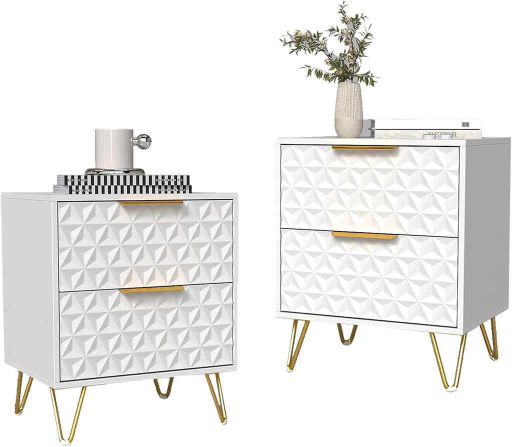 Modern Night Stand Set of 2, White Bedside Tables with 2 Drawers Storage for Bedroom, Wood End Side Table with Gold Legs for Living Room
