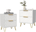 Modern Night Stand Set of 2, White Bedside Tables with 2 Drawers Storage for Bedroom, Wood End Side Table with Gold Legs for Living Room