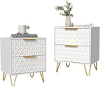 Modern Night Stand Set of 2, White Bedside Tables with 2 Drawers Storage for Bedroom, Wood End Side Table with Gold Legs for Living Room