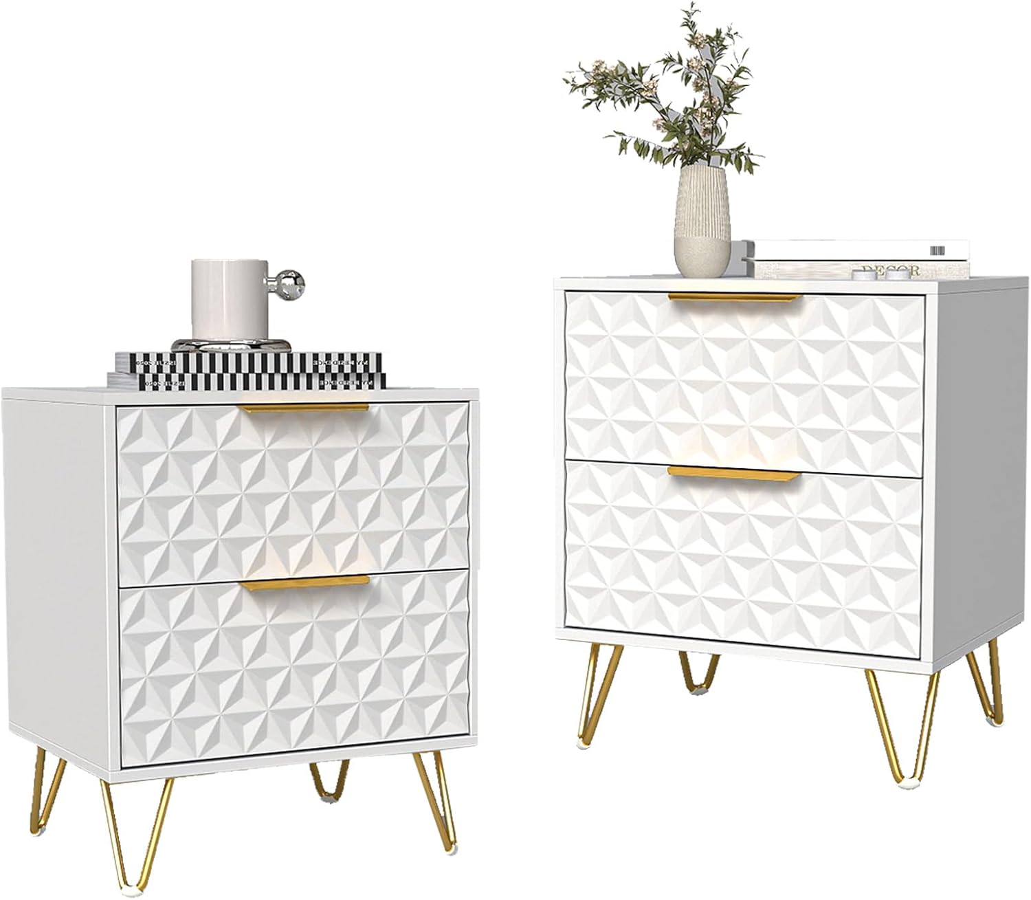 Modern Night Stand Set of 2, White Bedside Tables with 2 Drawers Storage for Bedroom, Wood End Side Table with Gold Legs for Living Room