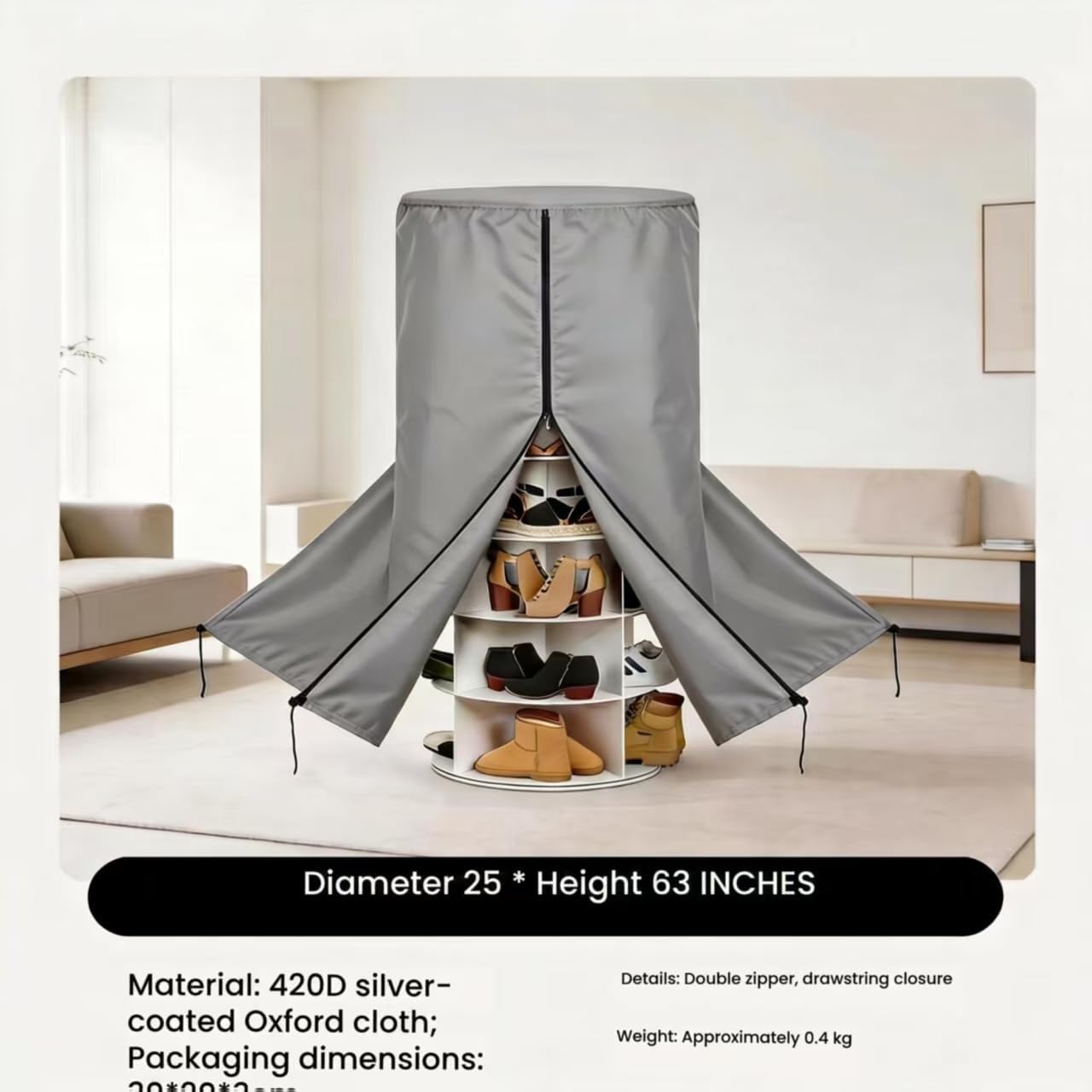 Rotating Shoe Rack Tower Cover, 420D Heavy Duty Oxford Fabric, Waterproof, Grey, 25" Dia x 63" H, with Side Zippers, for Walk-in Closet