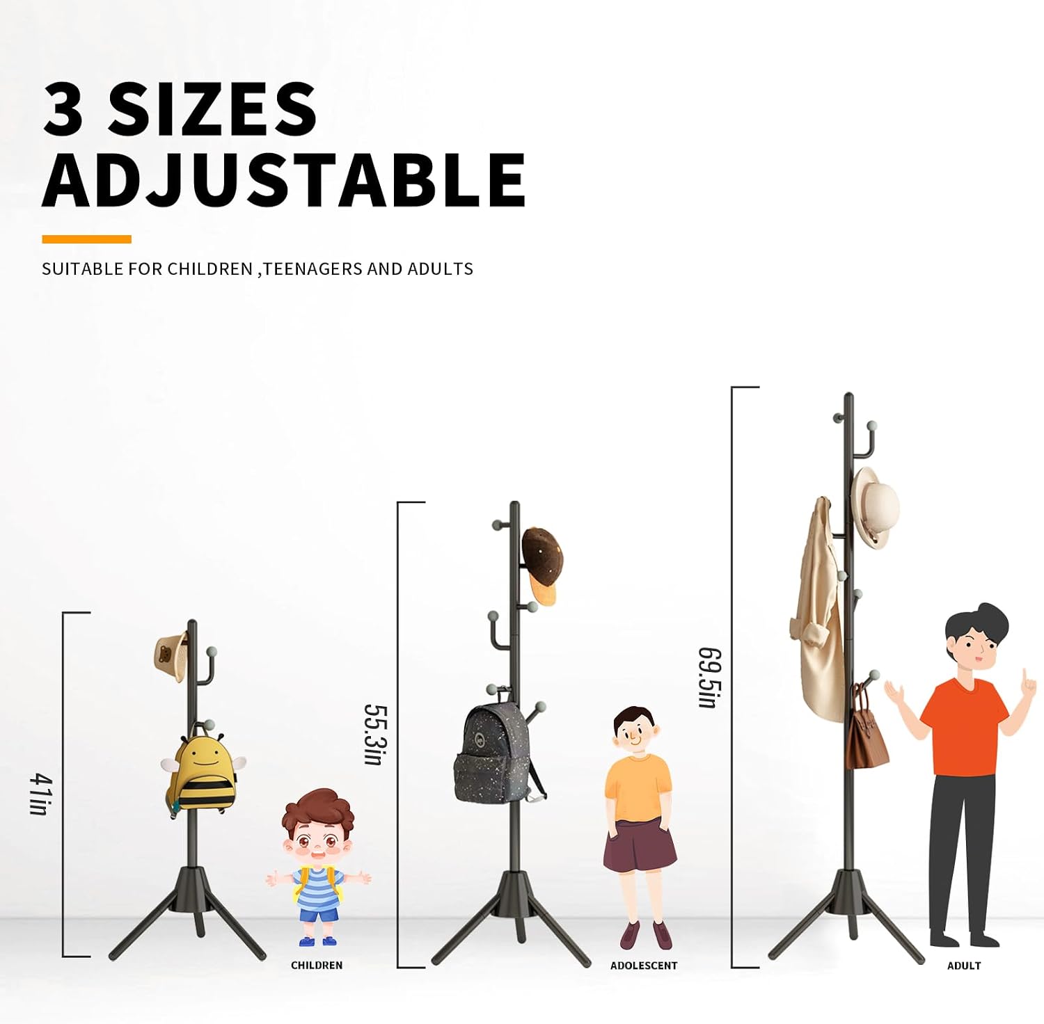 Heavy Duty Anti-Tip Coat Rack with 8LB Stable Weighted Base, [80LB Load Tested] Metal Standing Tree with 8 Hooks, 3-Height Adjustable Space Saving Clothes Organizer for Entryway, Bedroom, Office