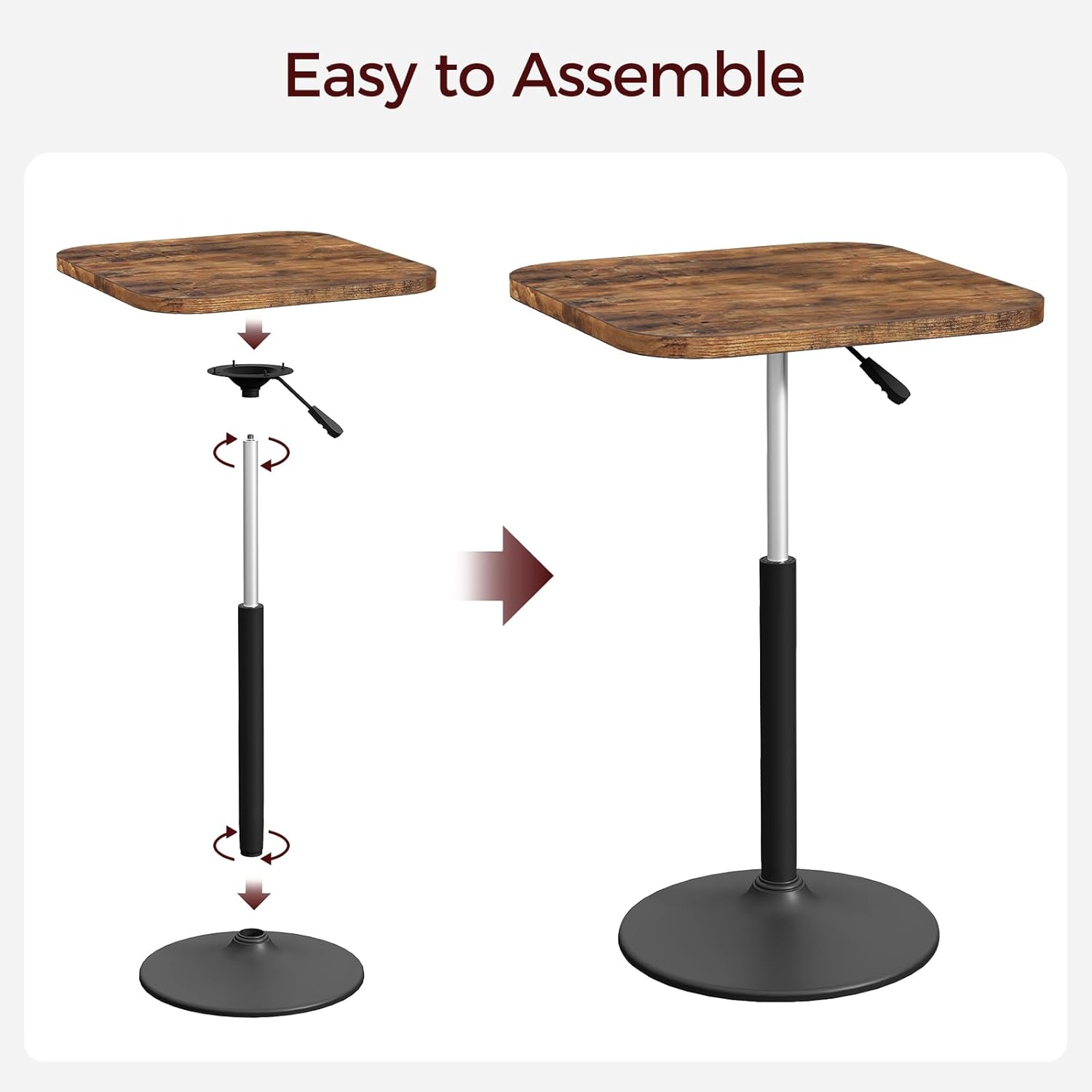 MAHANCRIS Bar Table, Height-Adjustable Pub Table 26.8-36.2 Inches, Cocktail Tables with Base, Counter Height Table for Small Space, Easy to Assemble, Rustic Brown and Black BTHR5501