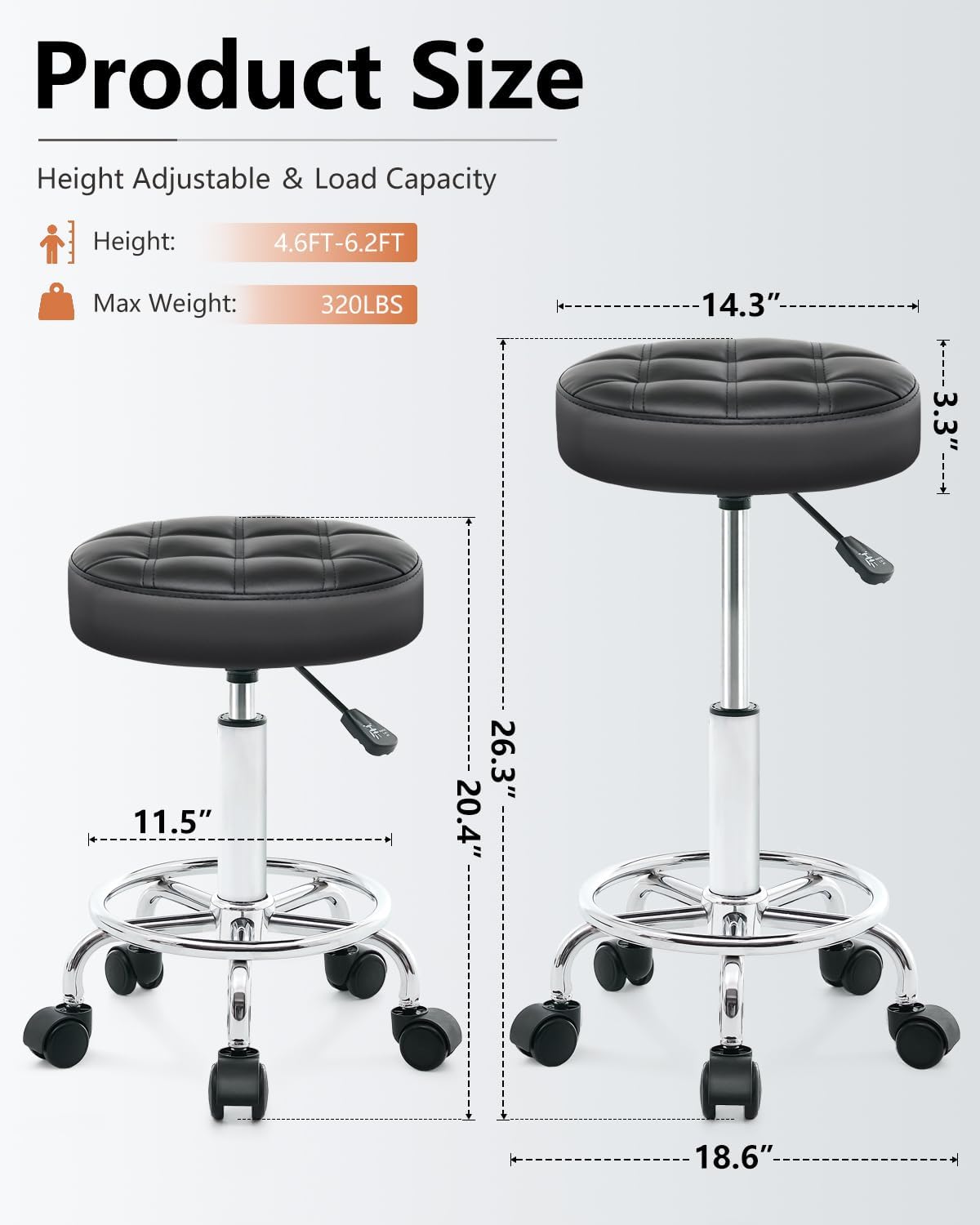 Rolling Stool with Wheels - Swivel Small Office Chair with Footrest, PU Leather Shop Stool for Office Spa Studio Lab Counter Salon Home Work Bar Kitchen Shop Teach Medical Facial, Black
