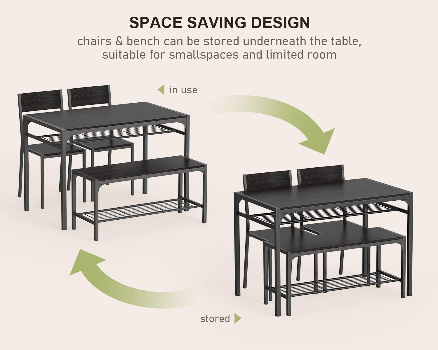 Gizoon Kitchen Table and 2 Chairs for 4 with Bench, 4 Piece Dining Table Set for Small Space, Apartment