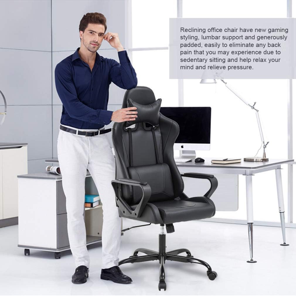 High Back Gaming Chair Ergonomic Racing Heavy Duty Office Chair Pc Video Game Chair, Lumbar Support with Arms & Headrest Chic Racing Style Desk Chair, Swivel Adjustable Best Home Office Chair - Black