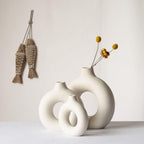 CEMABT White Donut Vase Hollow Ceramic Vase for Flowers Handmade Minimalist Boho ins Style Modern Home Decor for Wedding Dinner Table Party Living Room Office Bedroom(M)