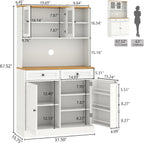 Tall Pantry Cabinet, Modern Kitchen Hutch with Microwave Stand, Kitchen Pantry Storage Cabinet with 2 Darwers & Door Shelf, Food Pantry with Glass Doors & Adjustable Shelves for Dining Room, White