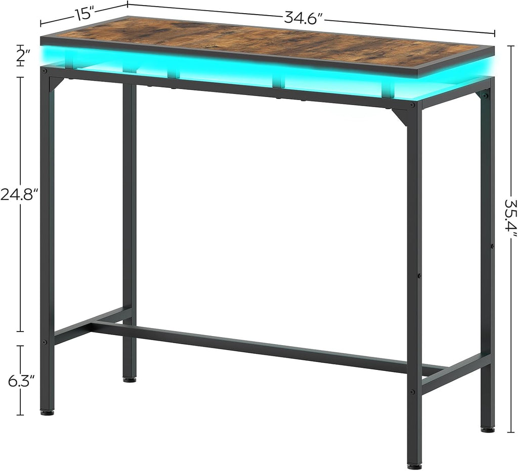 YATINEY Bar Table with LED Lights, Counter Height Bar Height Table, Pub Gaming Table, Metal Frame, for Living Room, Dining Room, Pub, Rustic Brown and Black BT01DBR