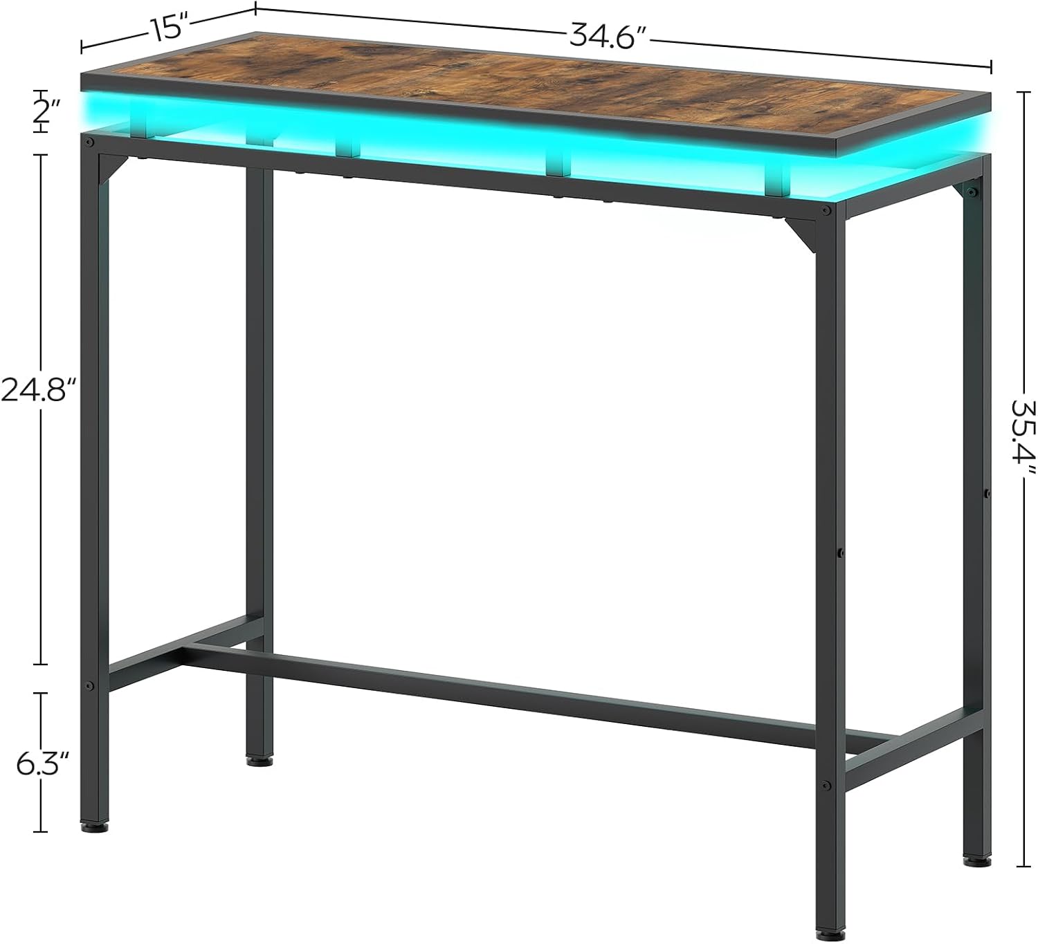 YATINEY Bar Table with LED Lights, Counter Height Bar Height Table, Pub Gaming Table, Metal Frame, for Living Room, Dining Room, Pub, Rustic Brown and Black BT01DBR