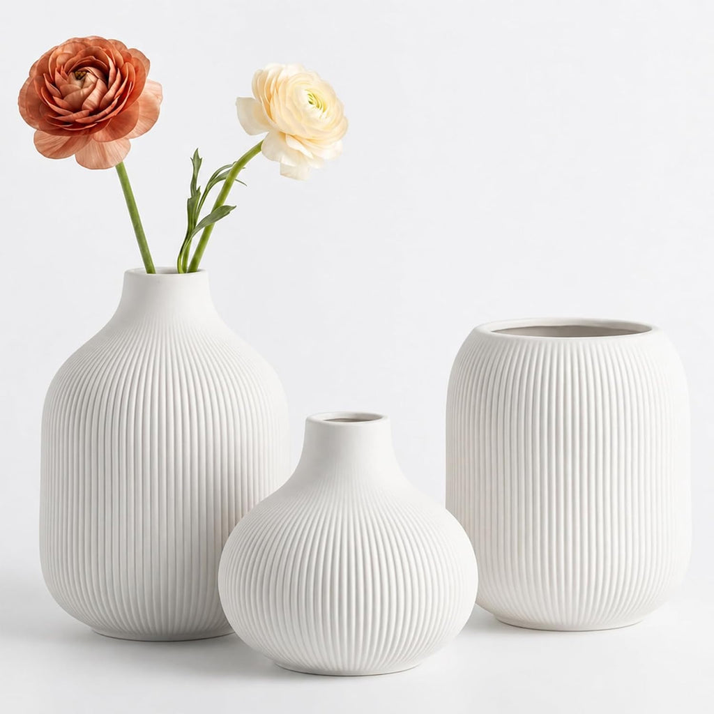Ceramic Vase Set for Decor, Small Bud Vases, Pastel Decorative Vases for Table, Shelf, Living Room, Kitchen, Nursery, Dorm, (White)