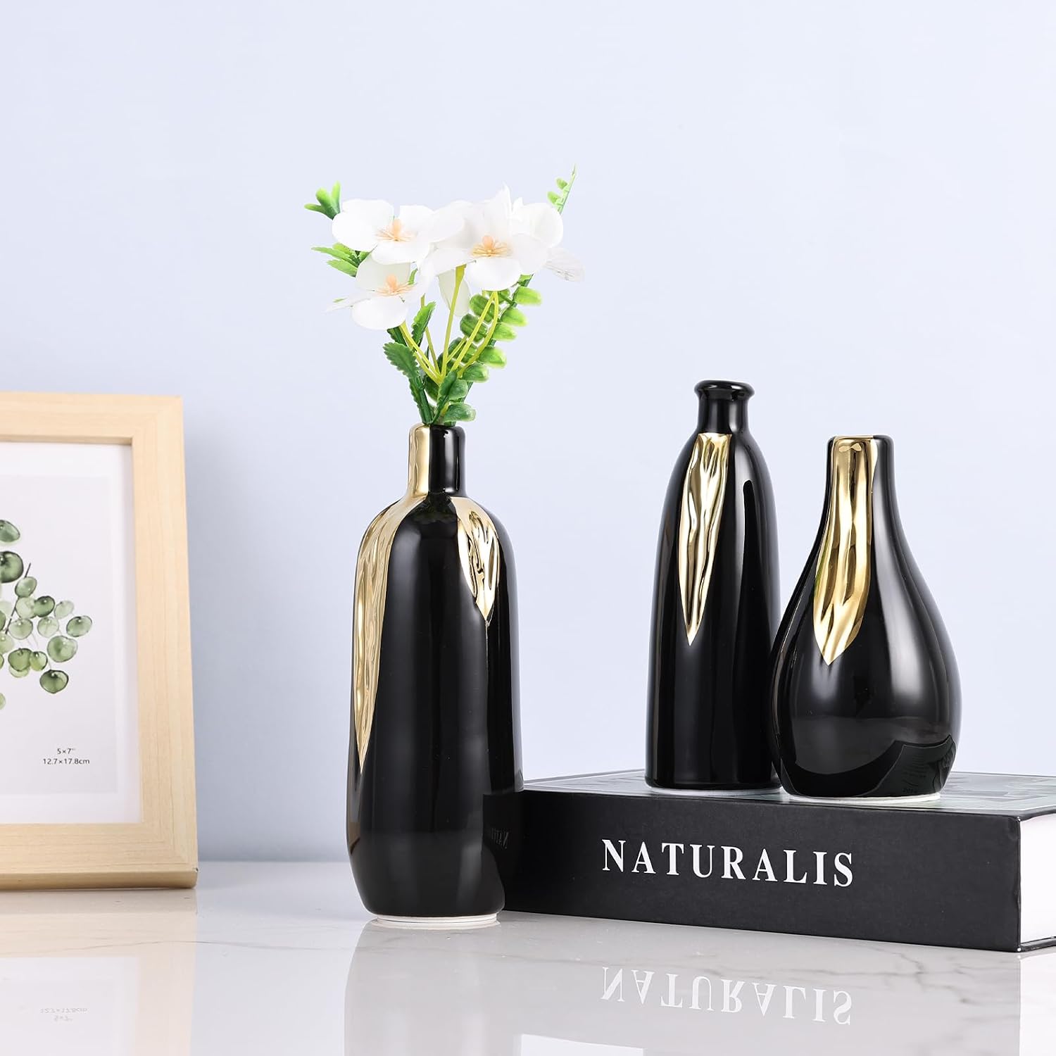 LCCCK Black and Gold Mini Ceramic Vase Set of 3, Small Ceramic Vase Set for Decorative, Bud Vases for Centerpieces Nightstand Kitchen, Boho Farmhouse Home Coffee Table Tray Decor