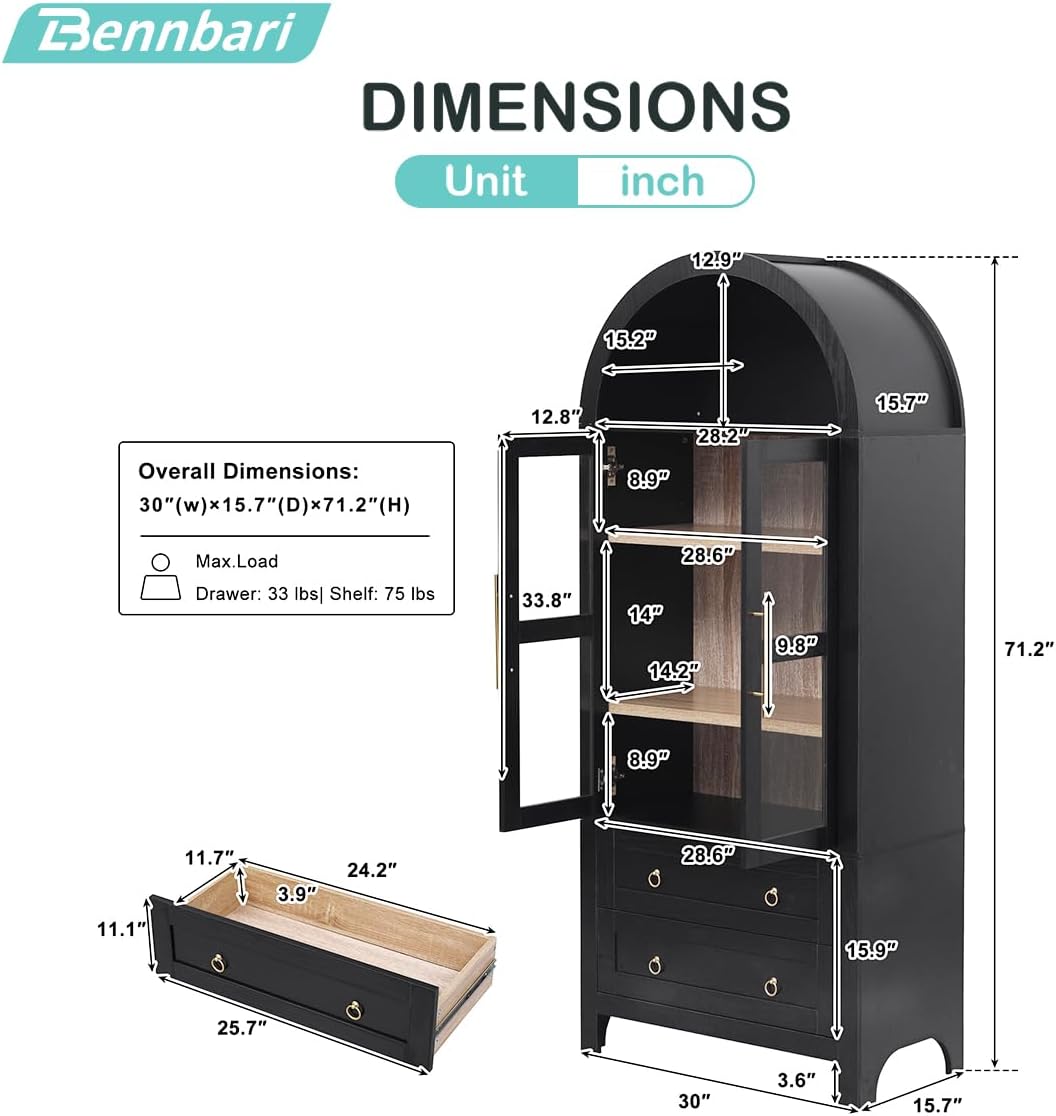 71" Tall Arched Kitchen Pantry Cabinet with 2 Large Drawers and Adjustable Shelves, Modern Farmhouse Storage Cabinet with Glass Doors, Wood Versatile Cupboard for Kitchen (Black)