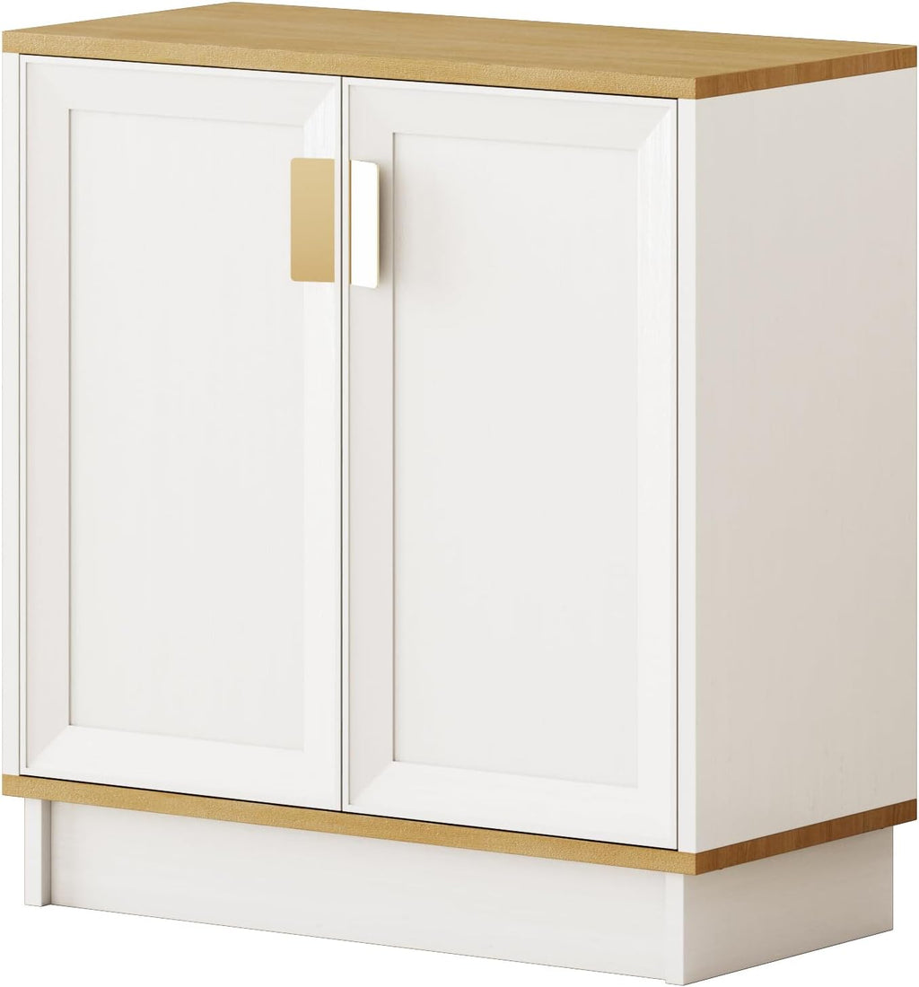PROXRACER 32" Sideboard Buffet Cabinet with Storage, Adjustable Shelves & Shaker Doors, Rustic Storage Cabinet with Gold Handles for Kitchen, Dining Room, White